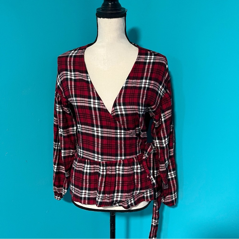 Express M Red Black Plaid Long Sleeve Peplum Hem Wrap Top